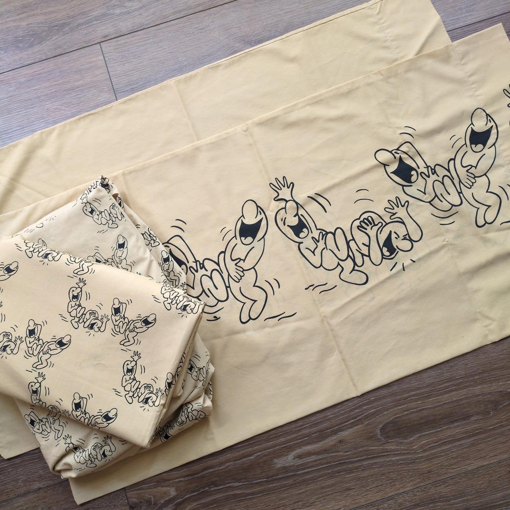 Vtg 70s Henry Syverson Laughing Men Cartoons Cal King Sheet Set Tan Black Pequot